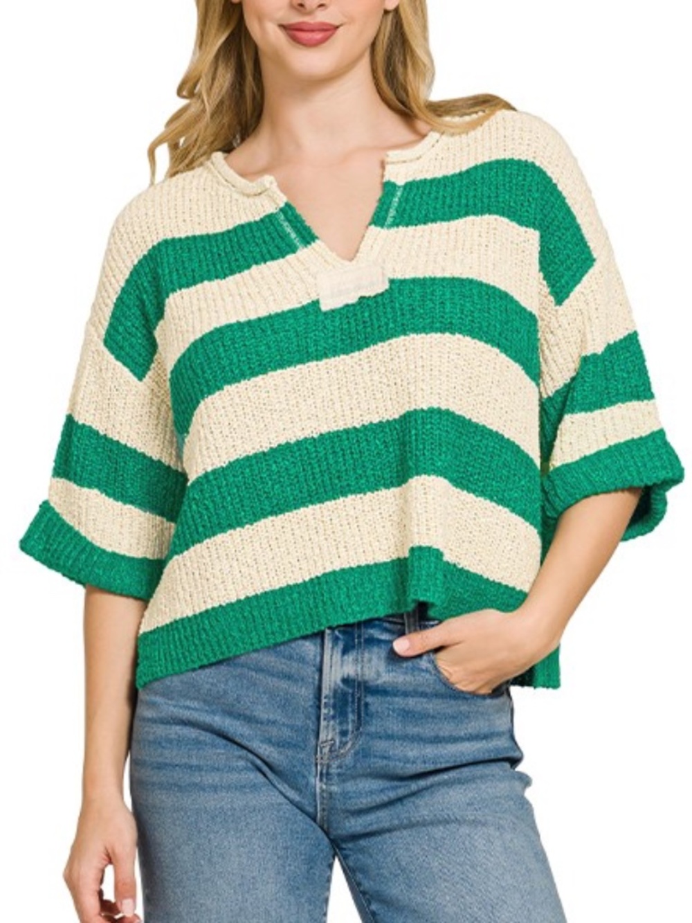 Cozy Striped Print Notched neck Short Sleeve Loose fit top - Picture 4 of 4